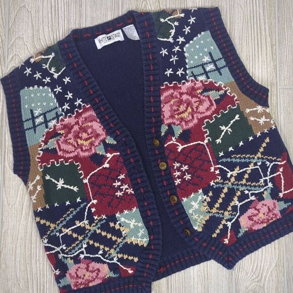 White Stag Womens Size Large Crocheted Embroidered Vest Floral Pattern Blue - Picture 4 of 8